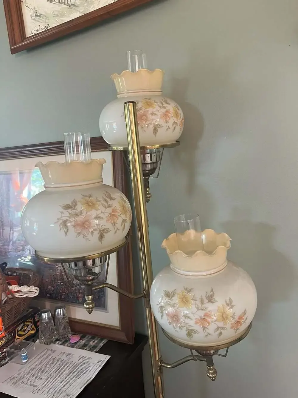 Vintage 3-Light Brass Floor Lamp with Floral Hurricane Glass Shades